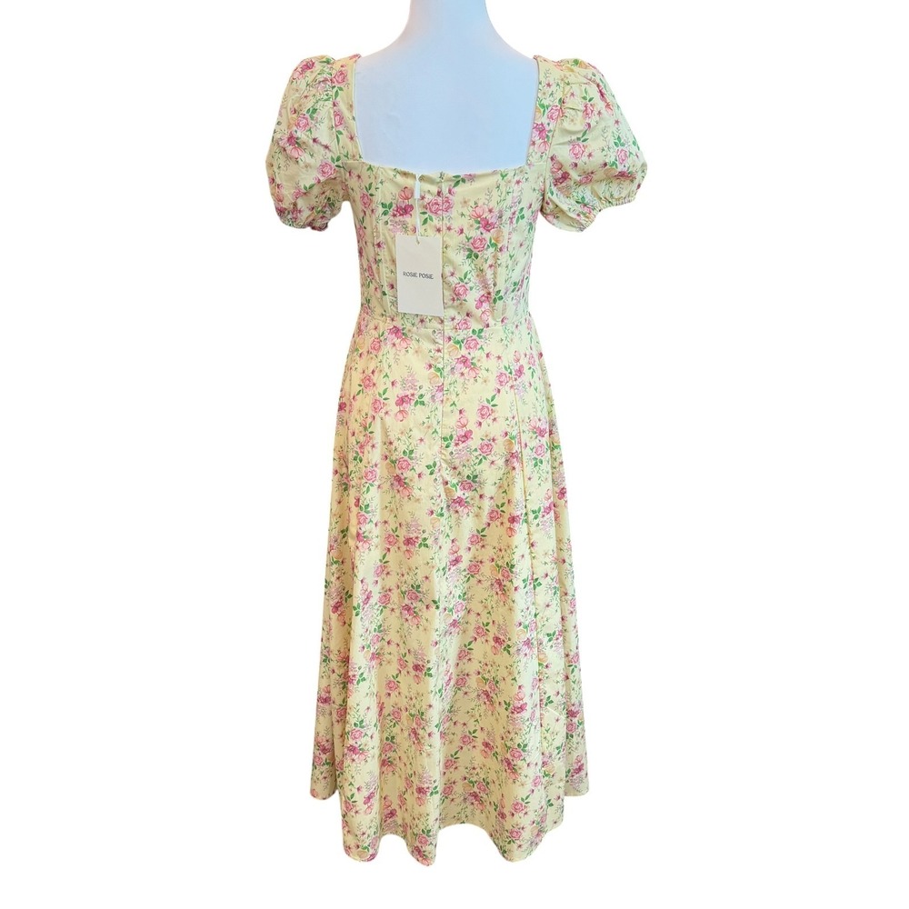 Rosie Posie Floral Cottagecore Midi Dress S Yellow Coquette Milkmaid Bridgerton - Picture 6 of 14